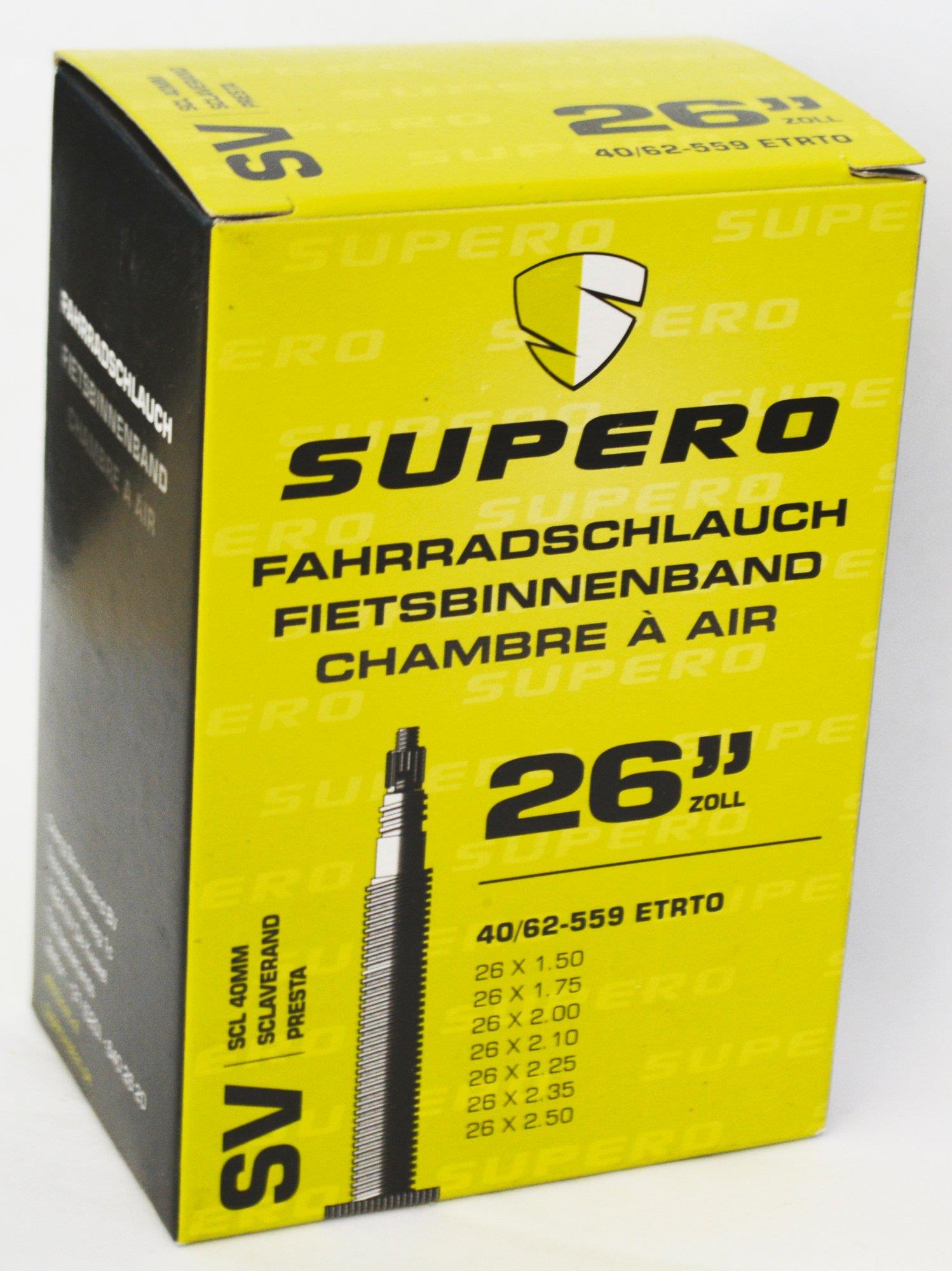 Supero Schlauch 26 Zoll 40-62 / 559 1,50 bis 2,50 Zoll SV Supero Schlauch 26 Zoll 40-62 / 559 1,50 bis 2,50 Zoll SV